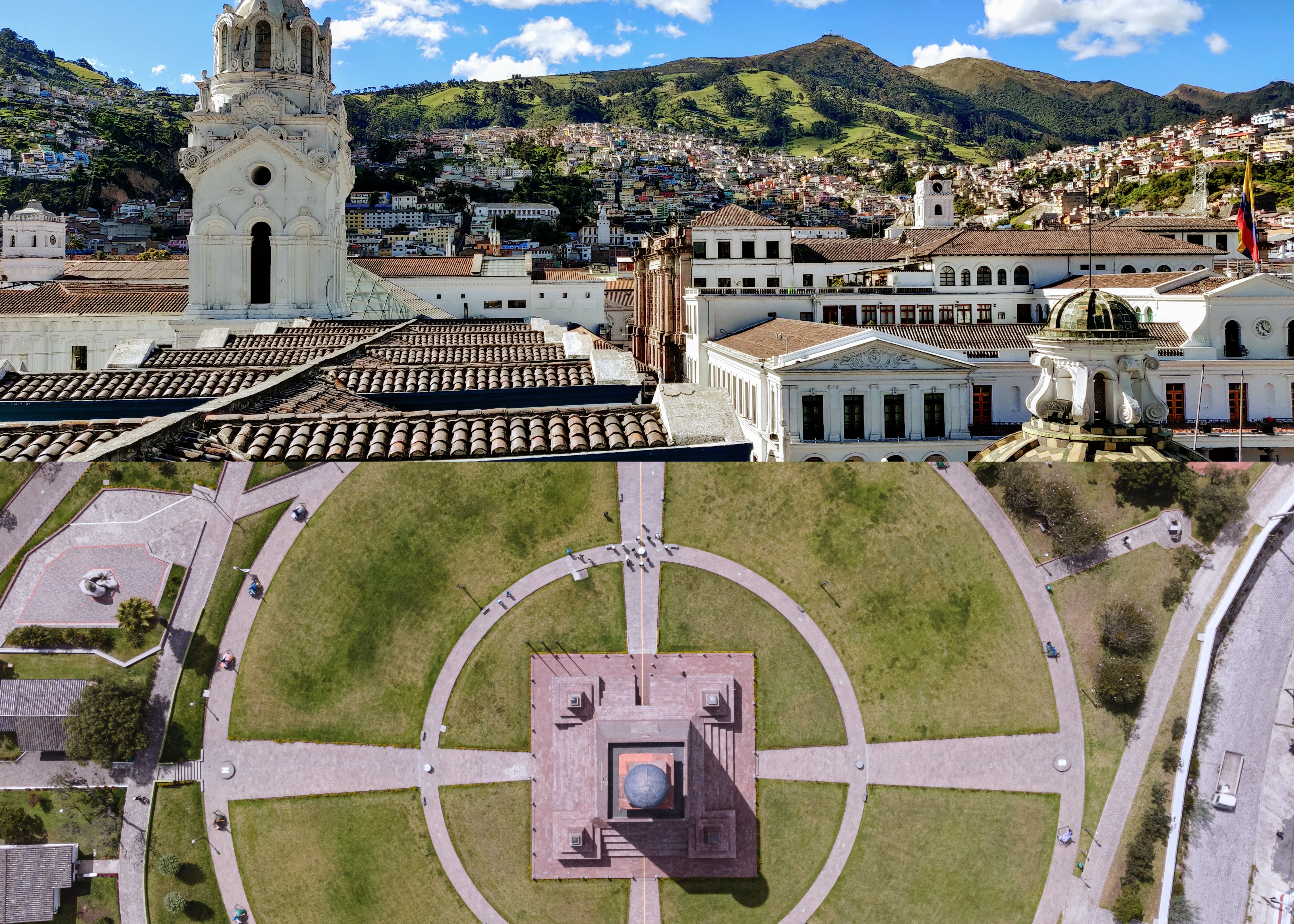 collage - looking over the rooftops of quito and the equatorial monument from above