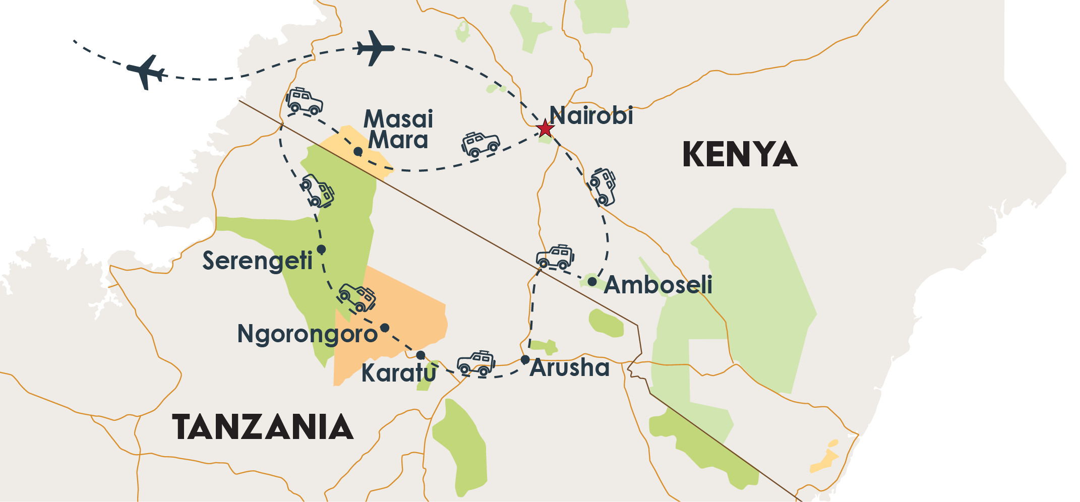 Simple map showing an overview of the tour route