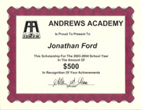 Andrews Academy Scholarship Certificate