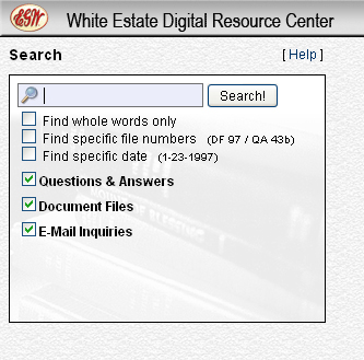 Search box from the White Estate Digital Resource Center at drc.whiteestate.org